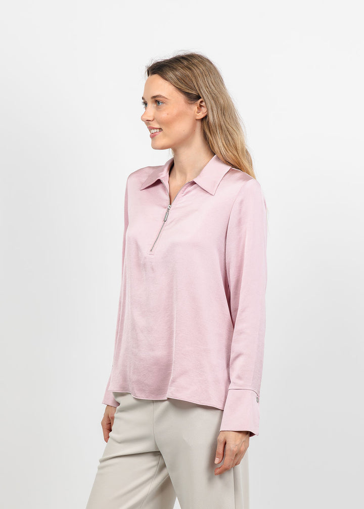 Joseph Ribkoff Recycled Satin Shirt Collar Top in Blush available at Barbara Katz