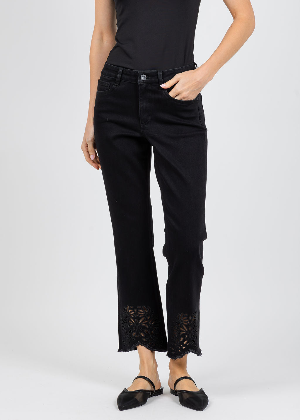 Joseph Ribkoff Repreve Straight Jeans With Flower Embroidery in Black available at Barbara Katz