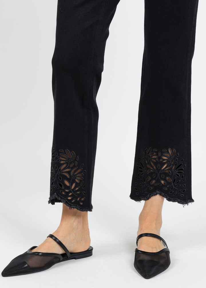 Joseph Ribkoff Repreve Straight Jeans With Flower Embroidery in Black available at Barbara Katz