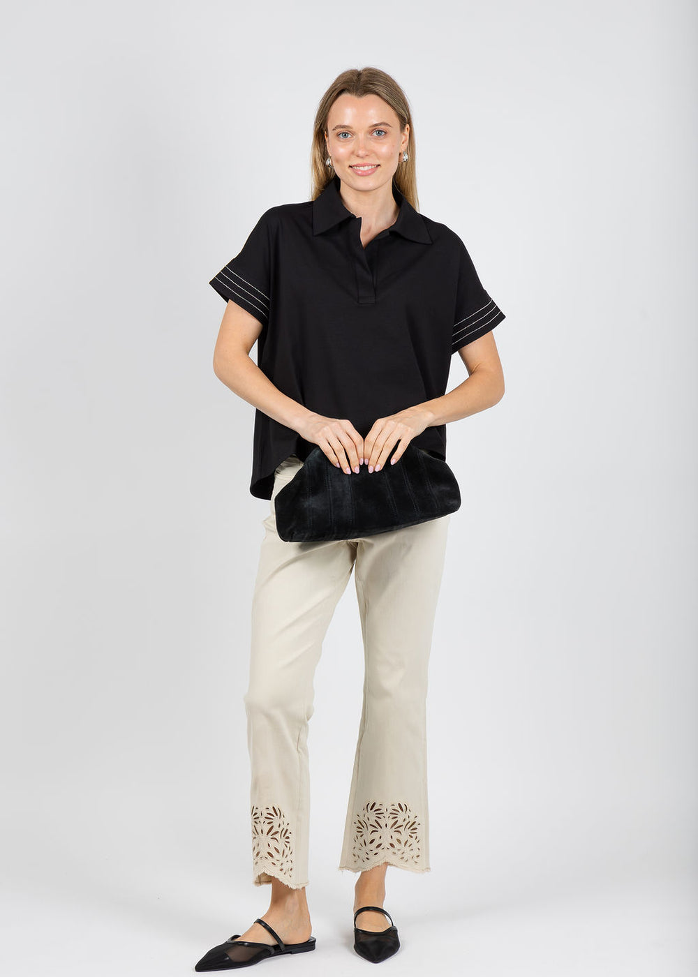 Joseph Ribkoff Repreve Straight Jeans With Flower Embroidery in Moonstone available at Barbara Katz