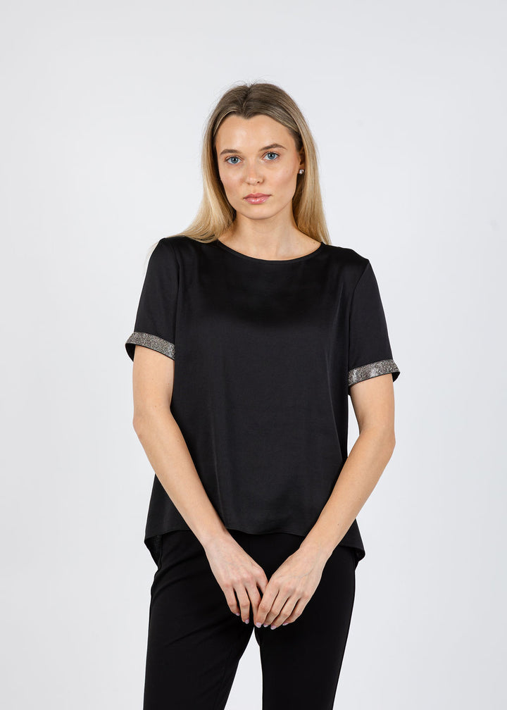 Joseph Ribkoff Rhinestone Trim Top in Black available at Barbara Katz