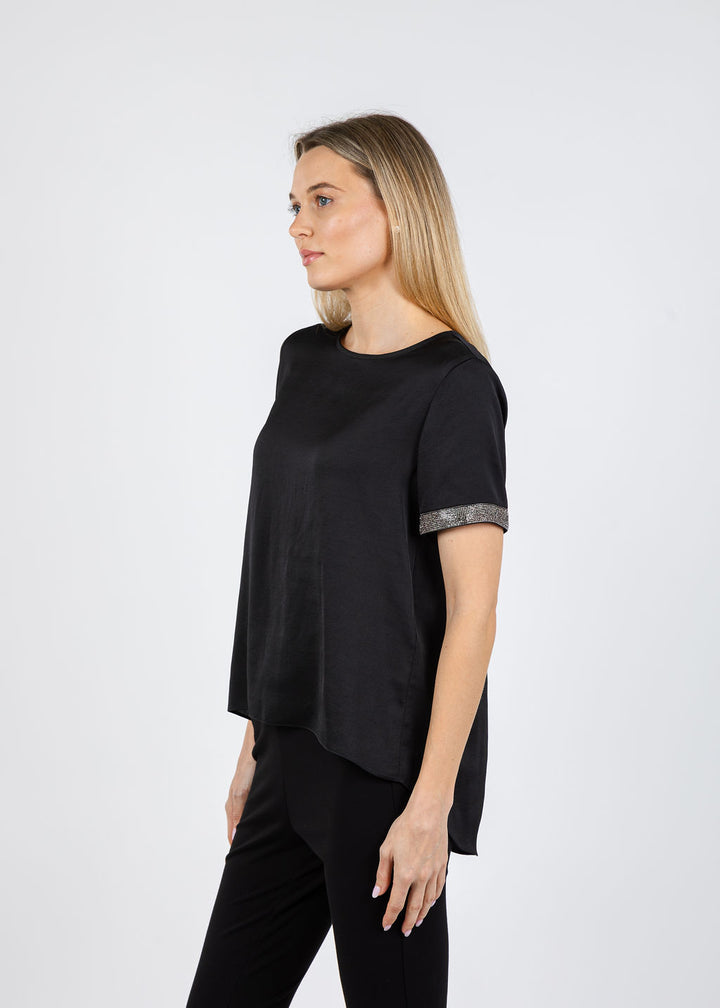 Joseph Ribkoff Rhinestone Trim Top in Black available at Barbara Katz