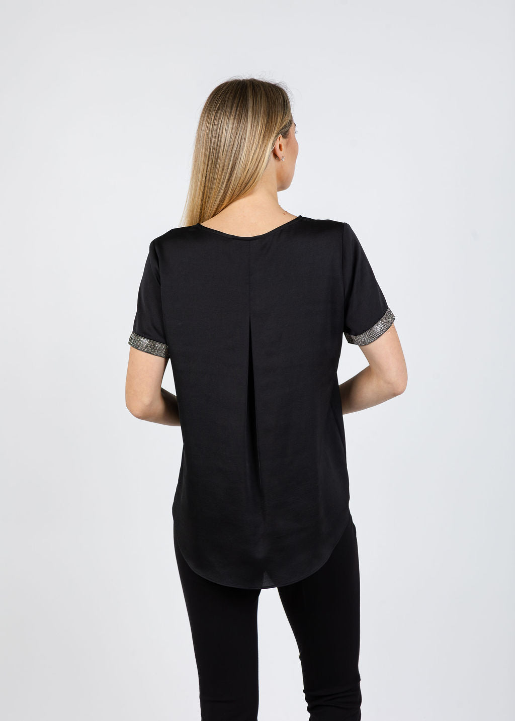 Joseph Ribkoff Rhinestone Trim Top in Black available at Barbara Katz