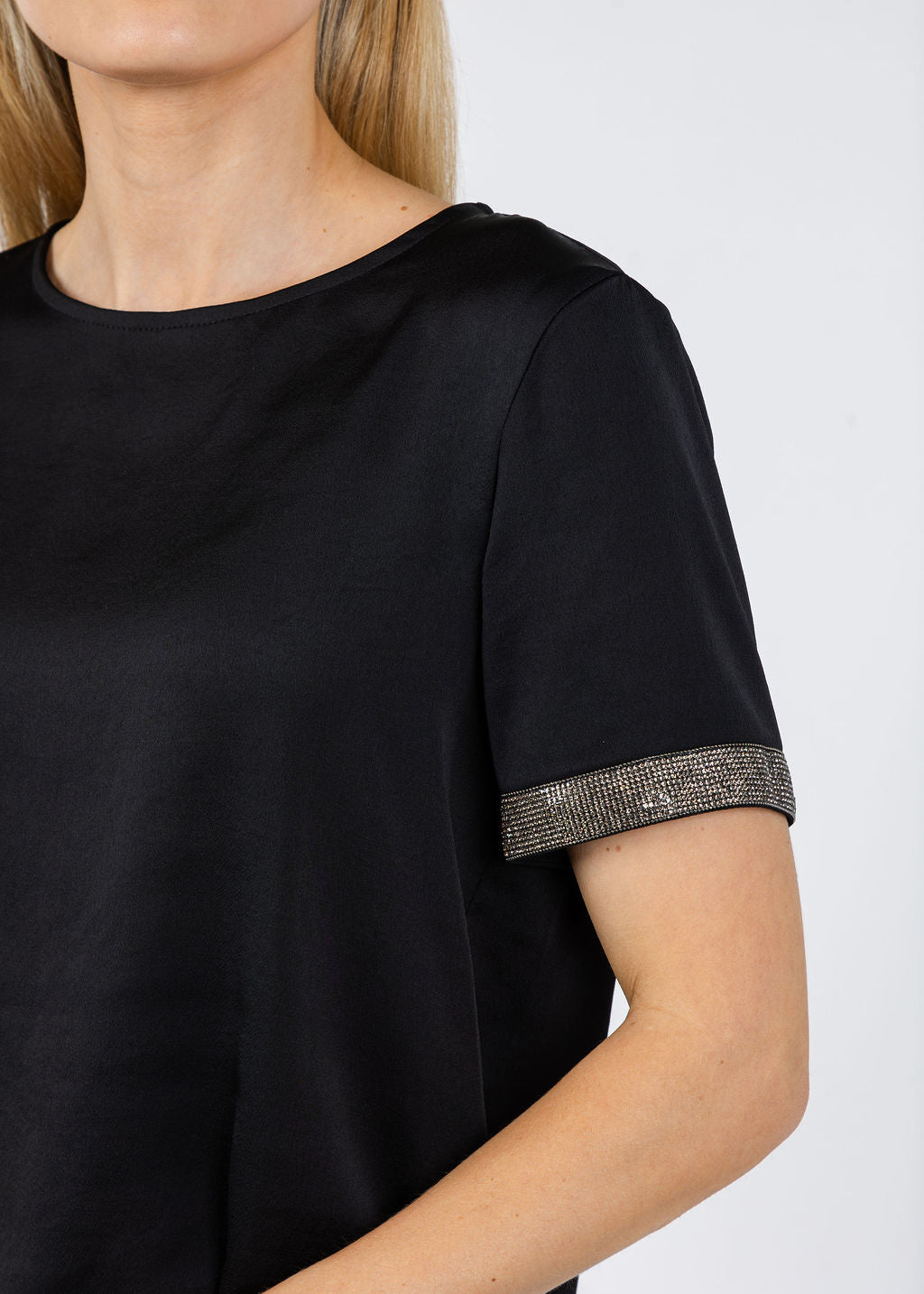 Joseph Ribkoff Rhinestone Trim Top in Black available at Barbara Katz