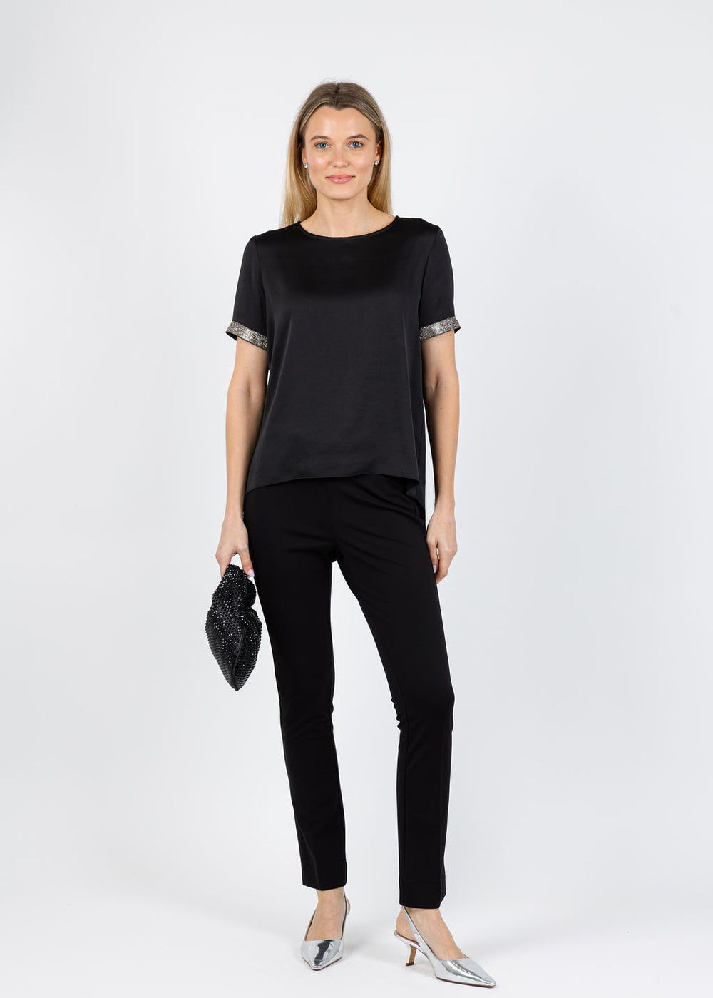Joseph Ribkoff Rhinestone Trim Top in Black available at Barbara Katz