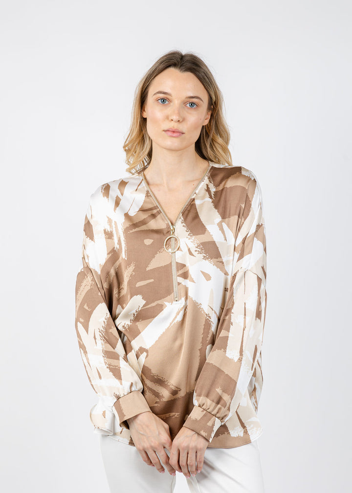 Joseph Ribkoff Satin Abstract Print Tunic in Beige/Off White available at Barbara Katz