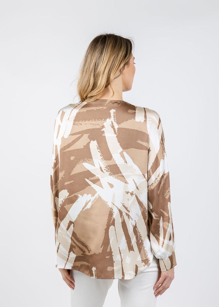 Joseph Ribkoff Satin Abstract Print Tunic in Beige/Off White available at Barbara Katz