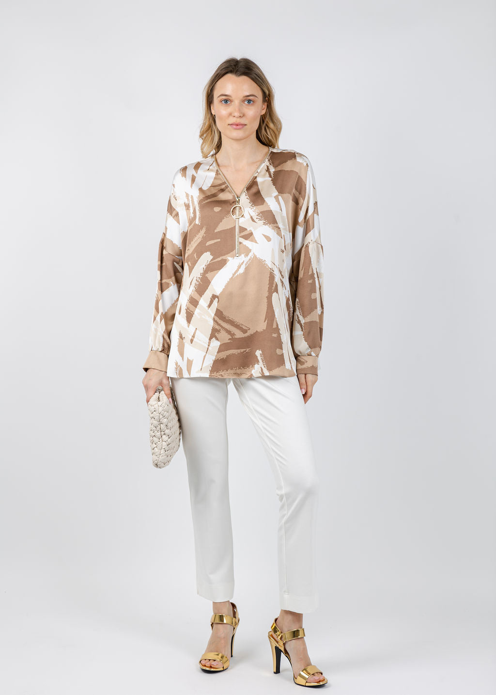 Joseph Ribkoff Satin Abstract Print Tunic in Beige/Off White available at Barbara Katz