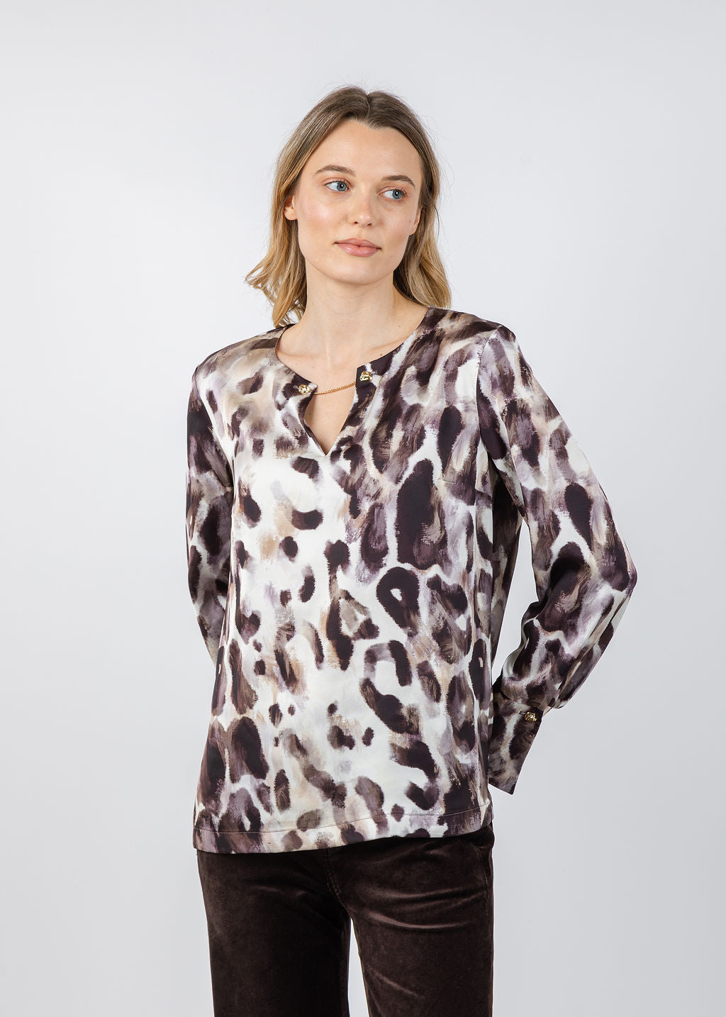 Joseph Ribkoff Satin Animal Print Straight Top in Off White/Multi available at Barbara Katz
