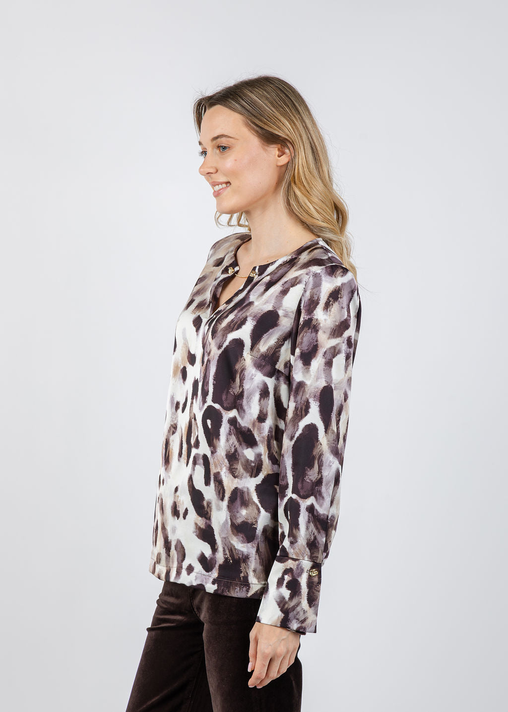 Joseph Ribkoff Satin Animal Print Straight Top in Off White/Multi available at Barbara Katz