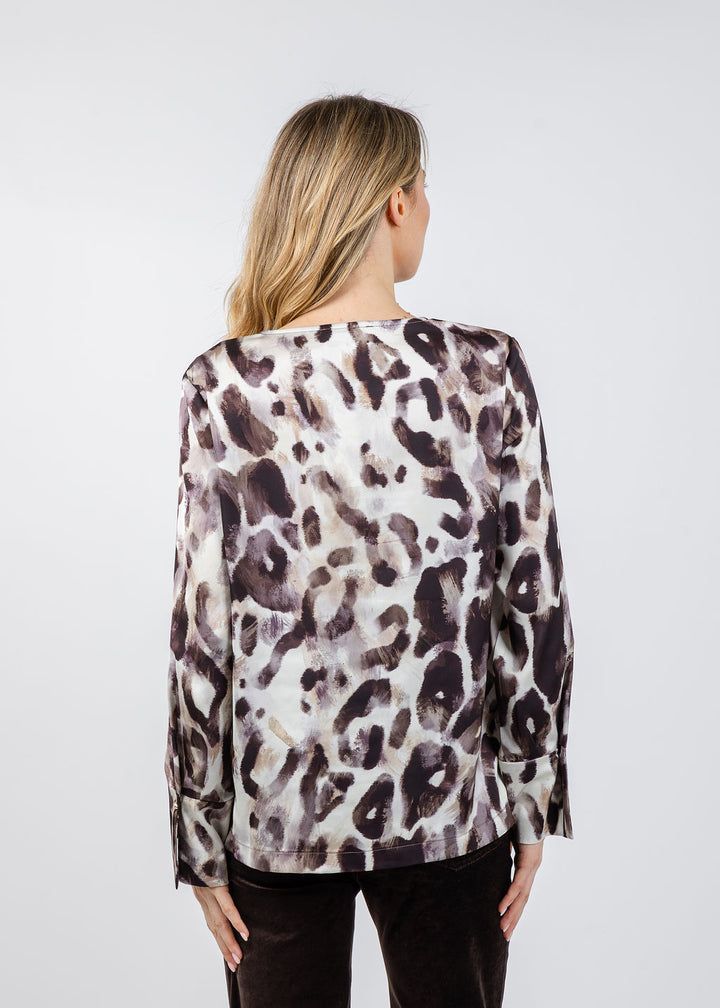 Joseph Ribkoff Satin Animal Print Straight Top in Off White/Multi available at Barbara Katz
