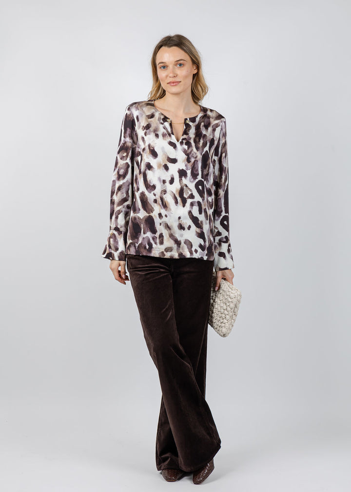 Joseph Ribkoff Satin Animal Print Straight Top in Off White/Multi available at Barbara Katz