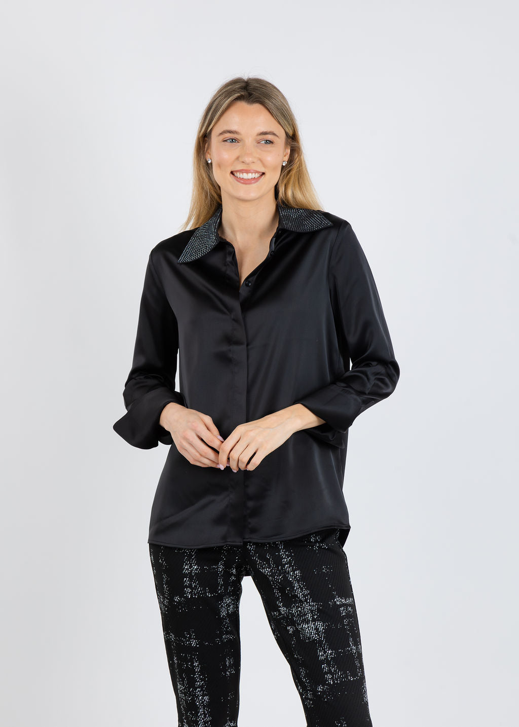 Joseph Ribkoff Satin Blouse With Embellished Collar in Black available at Barbara Katz