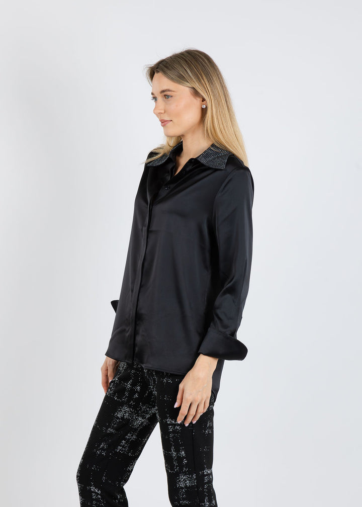 Joseph Ribkoff Satin Blouse With Embellished Collar in Black available at Barbara Katz