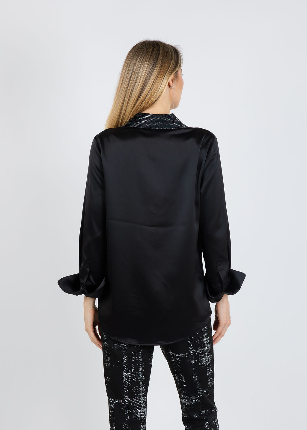 Joseph Ribkoff Satin Blouse With Embellished Collar in Black available at Barbara Katz