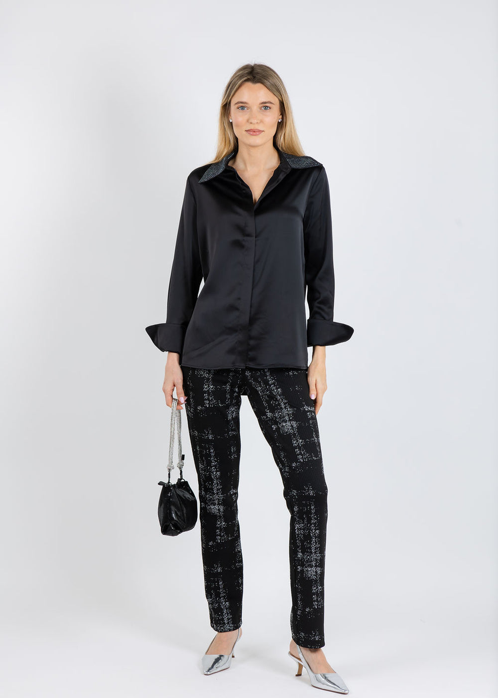 Joseph Ribkoff Satin Blouse With Embellished Collar in Black paired with Joseph Ribkoff Plaid Print Pull-On Pants in Black/Off White available at Barbara Katz