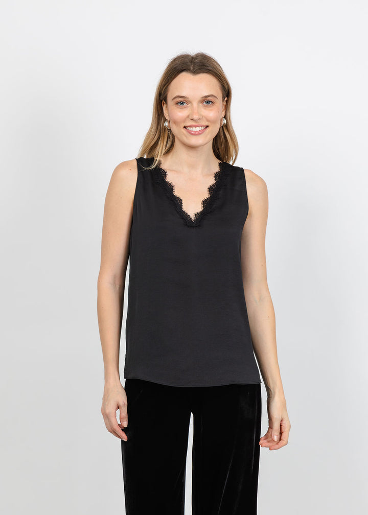 Joseph Ribkoff Satin Sleeveless V-Neck Top in Black available at Barbara Katz