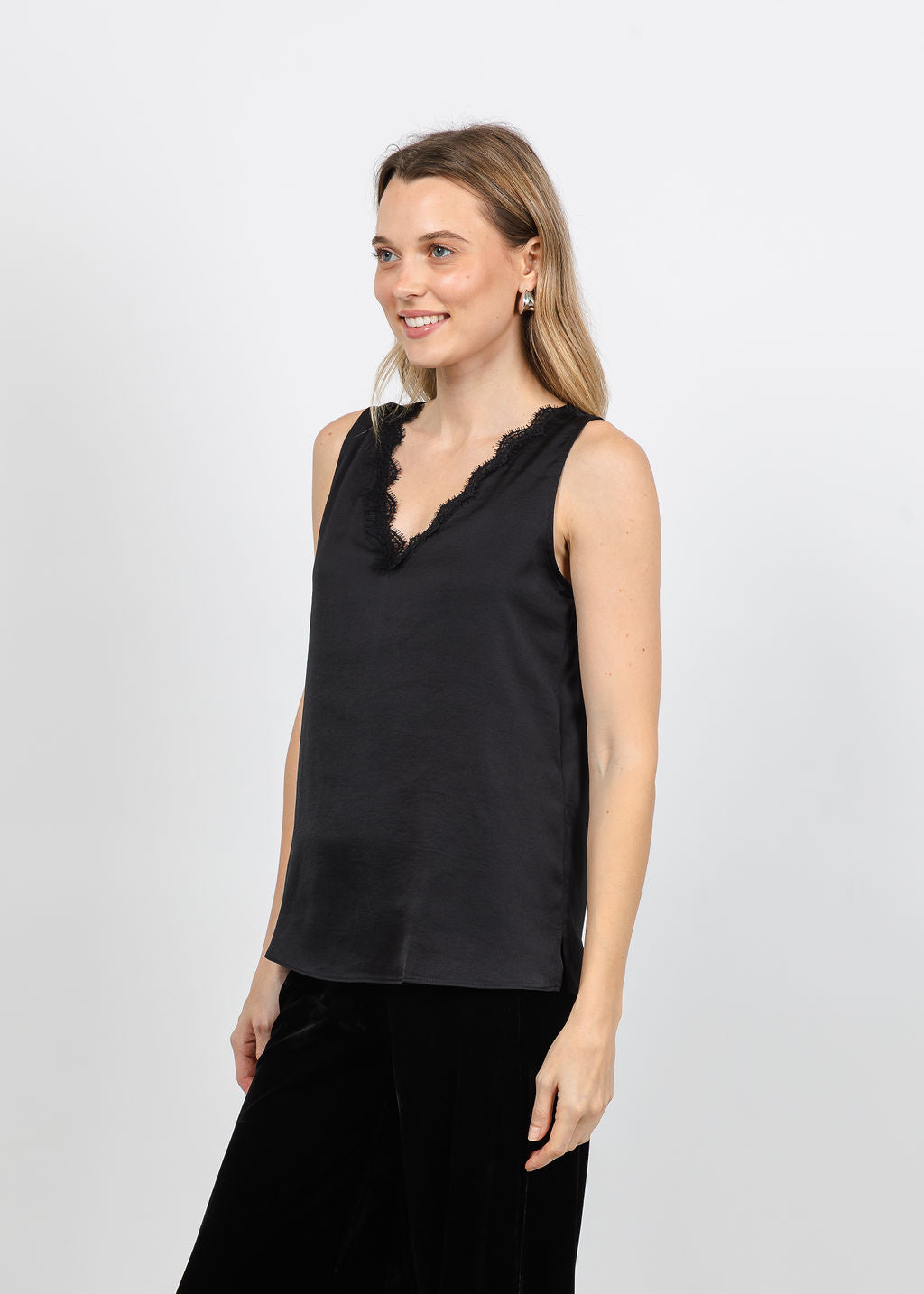 Joseph Ribkoff Satin Sleeveless V-Neck Top in Black available at Barbara Katz