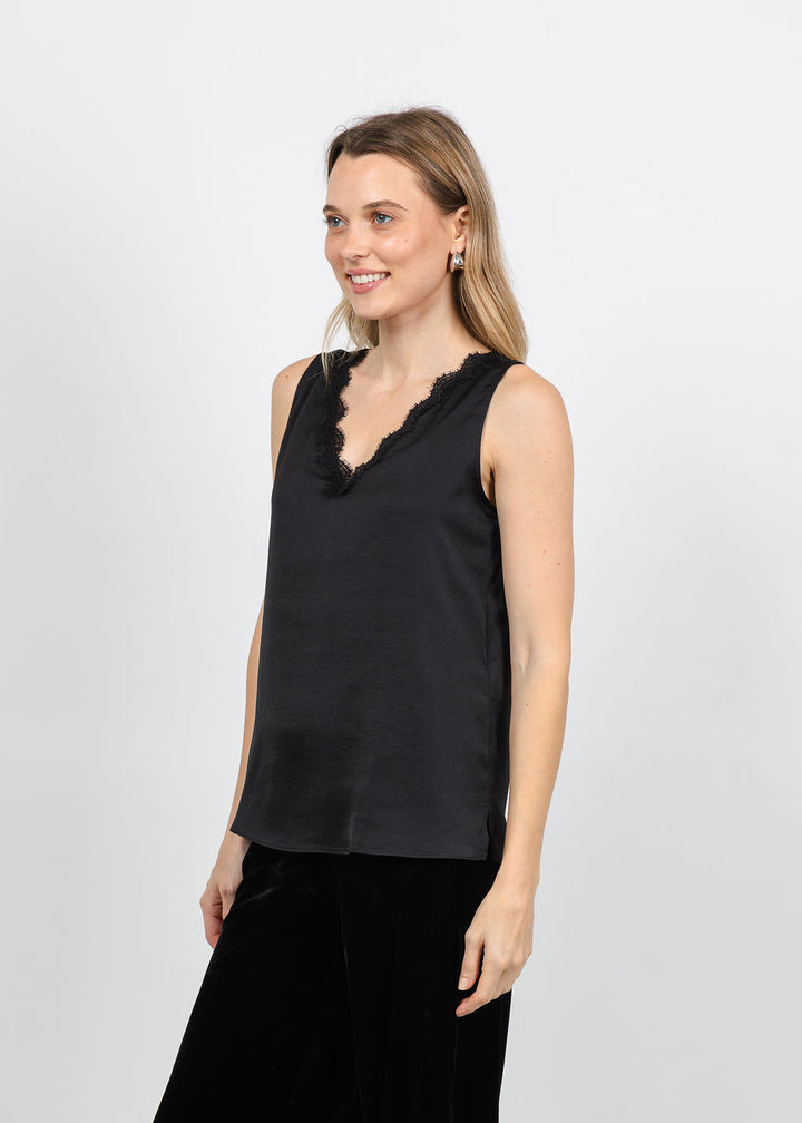 Joseph Ribkoff Satin Sleeveless V-Neck Top in Black available at Barbara Katz