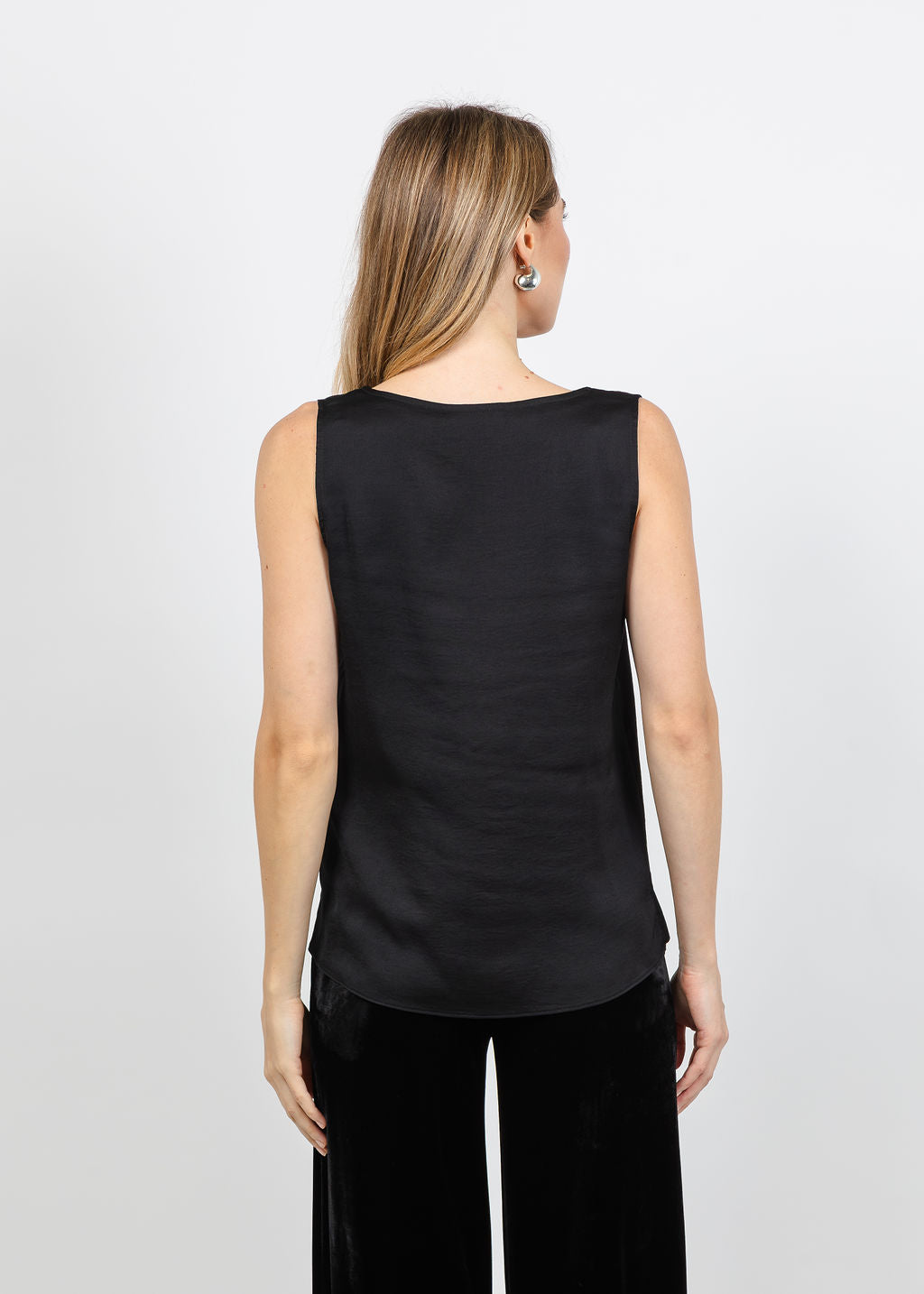 Joseph Ribkoff Satin Sleeveless V-Neck Top in Black available at Barbara Katz