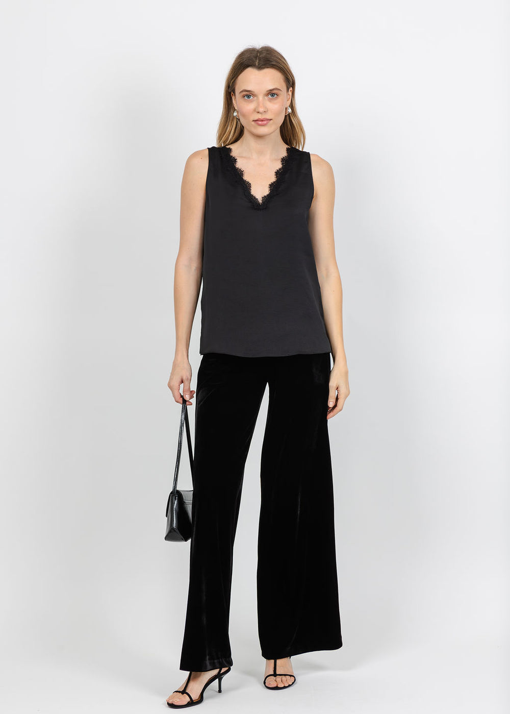 Joseph Ribkoff Satin Sleeveless V-Neck Top in Black available at Barbara Katz