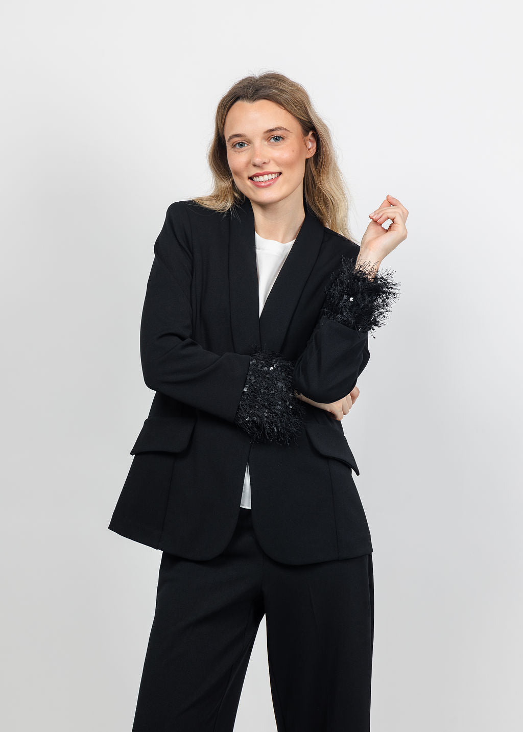 Joseph Ribkoff Scuba Crepe Fringe Cuff Blazer in Black available at Barbara Katz
