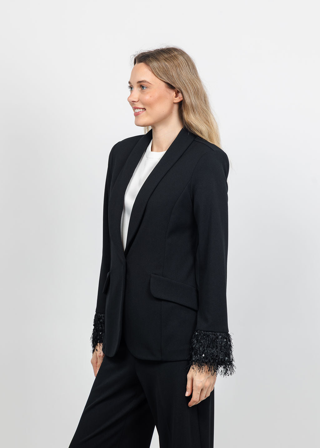 Joseph Ribkoff Scuba Crepe Fringe Cuff Blazer in Black available at Barbara Katz
