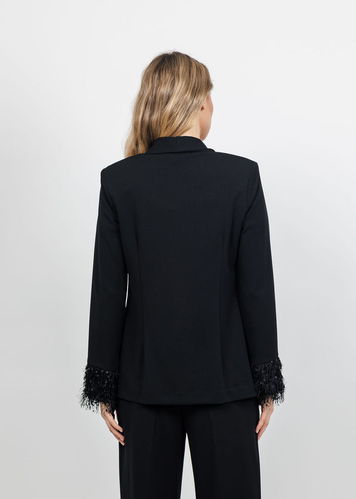 Joseph Ribkoff Scuba Crepe Fringe Cuff Blazer in Black available at Barbara Katz