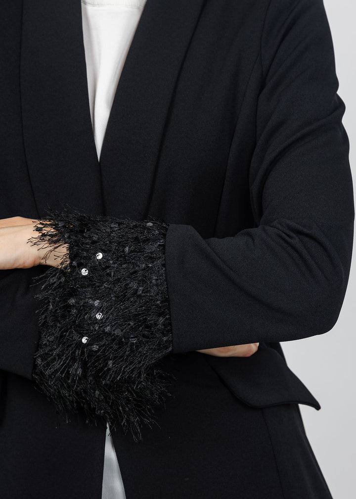 Joseph Ribkoff Scuba Crepe Fringe Cuff Blazer in Black available at Barbara Katz
