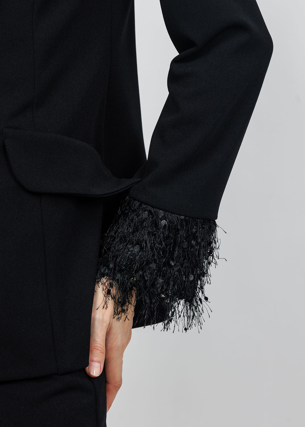 Joseph Ribkoff Scuba Crepe Fringe Cuff Blazer in Black available at Barbara Katz