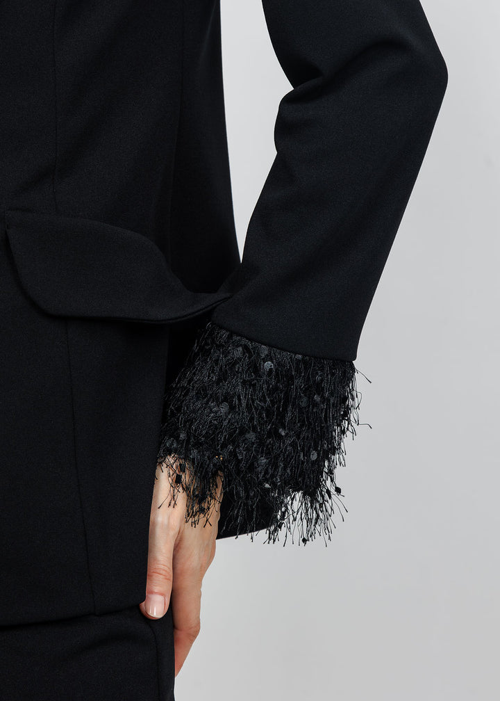 Joseph Ribkoff Scuba Crepe Fringe Cuff Blazer in Black available at Barbara Katz