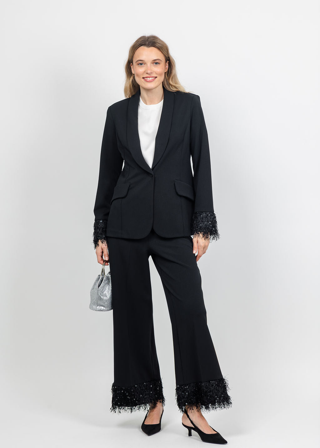 Joseph Ribkoff Scuba Crepe Fringe Cuff Blazer and Wide Leg Pant in Black available at Barbara Katz