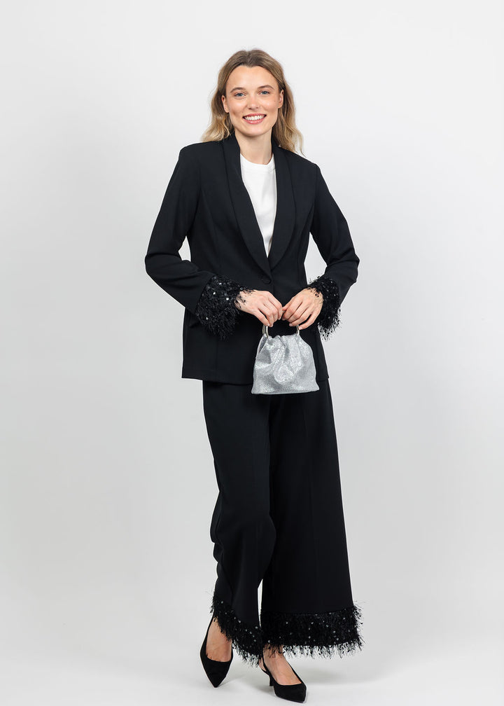 Joseph Ribkoff Scuba Crepe Fringe Cuff Blazer in Black available at Barbara Katz