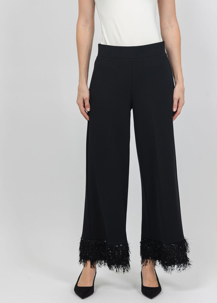Joseph Ribkoff Scuba Crepe Fringe Cuff Wide Leg Pant in Black available at Barbara Katz