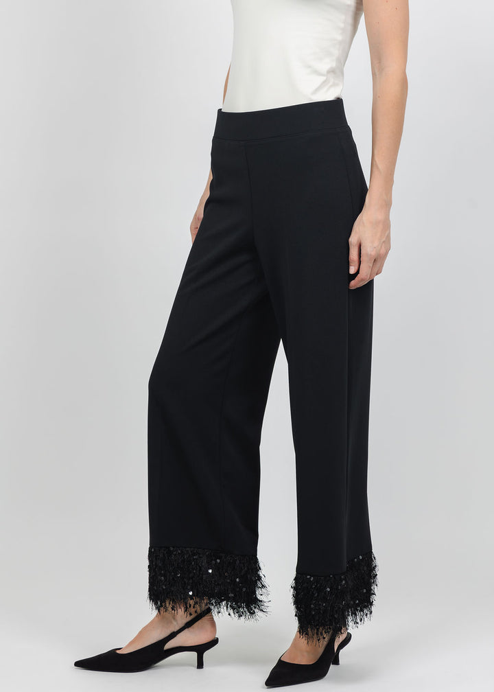 Joseph Ribkoff Scuba Crepe Fringe Cuff Wide Leg Pant in Black available at Barbara Katz