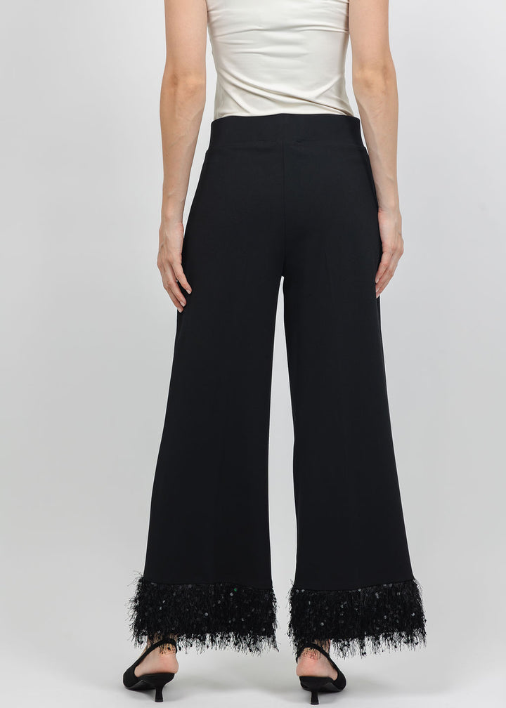 Joseph Ribkoff Scuba Crepe Fringe Cuff Wide Leg Pant in Black available at Barbara Katz