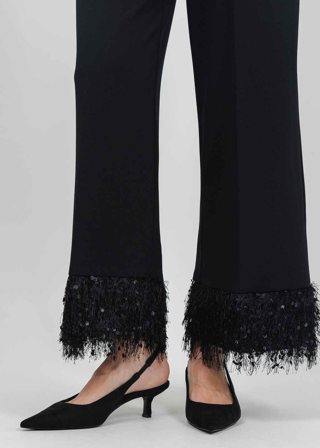 Joseph Ribkoff Scuba Crepe Fringe Cuff Wide Leg Pant in Black available at Barbara Katz