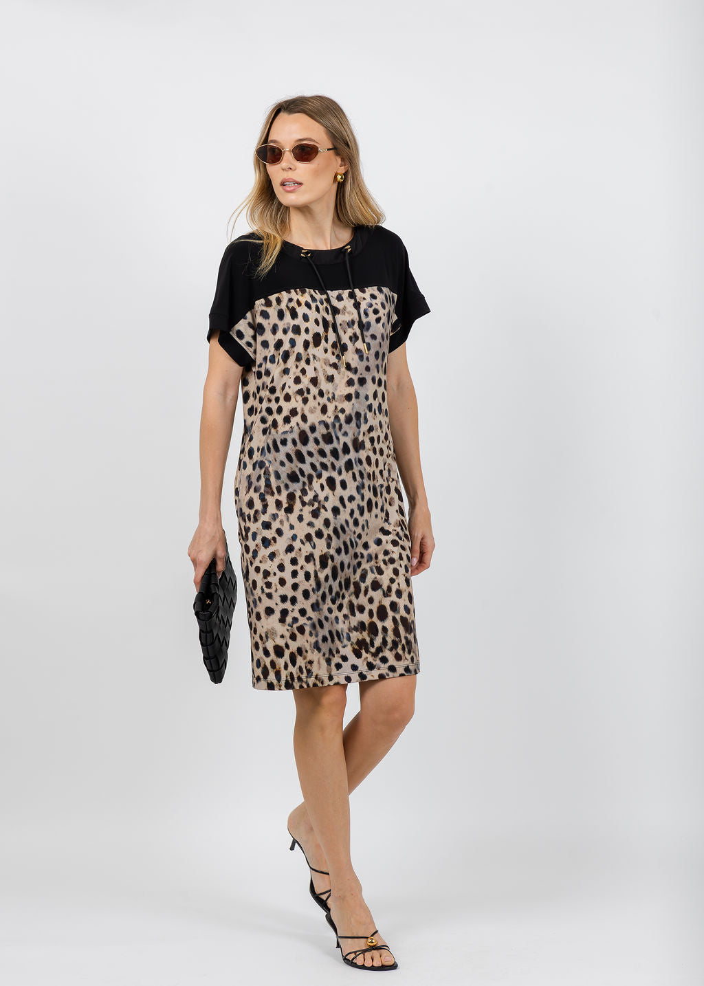 Joseph Ribkoff Silky Knit Animal Print Straight Dress in Beige/Multi available at Barbara Kat