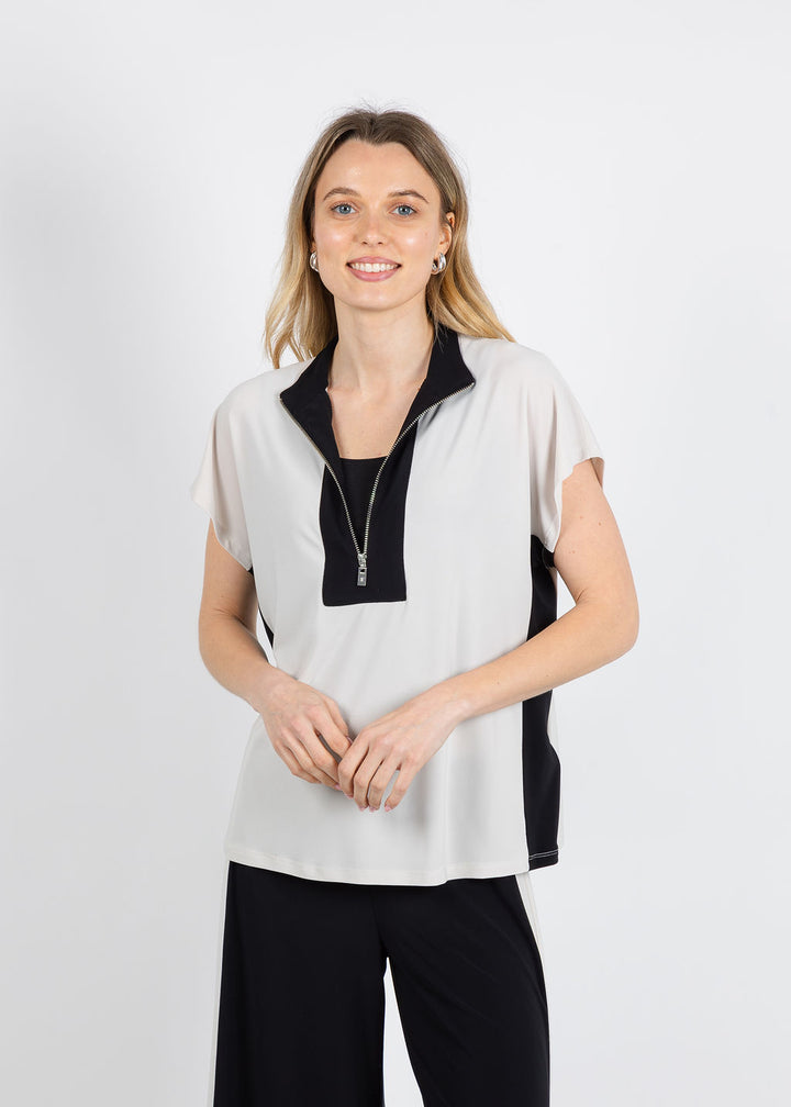 Joseph Ribkoff Silky Knit Color Block Straight Top in Moonstone/Black available at Barbara Katz