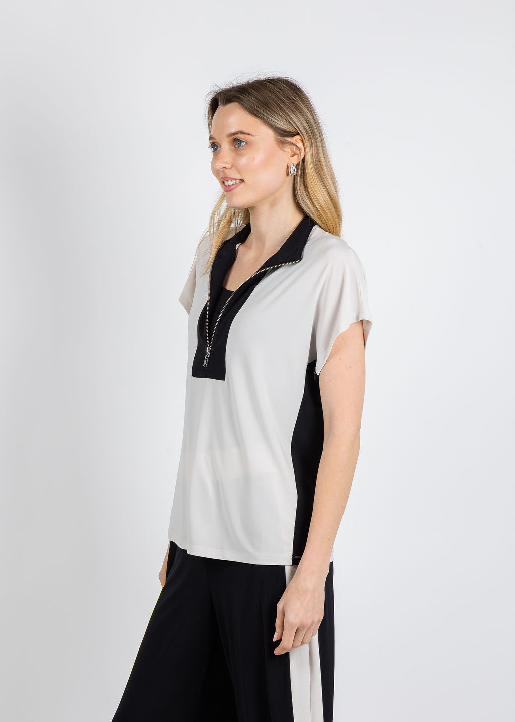 Joseph Ribkoff Silky Knit Color Block Straight Top in Moonstone/Black available at Barbara Katz