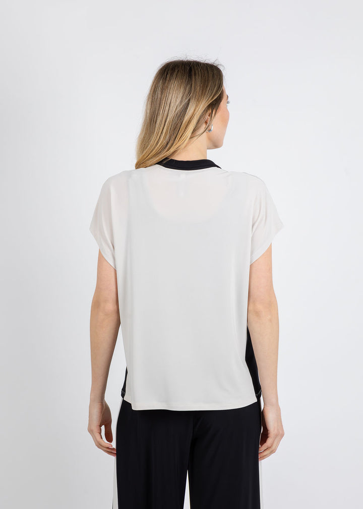 Joseph Ribkoff Silky Knit Color Block Straight Top in Moonstone/Black available at Barbara Katz