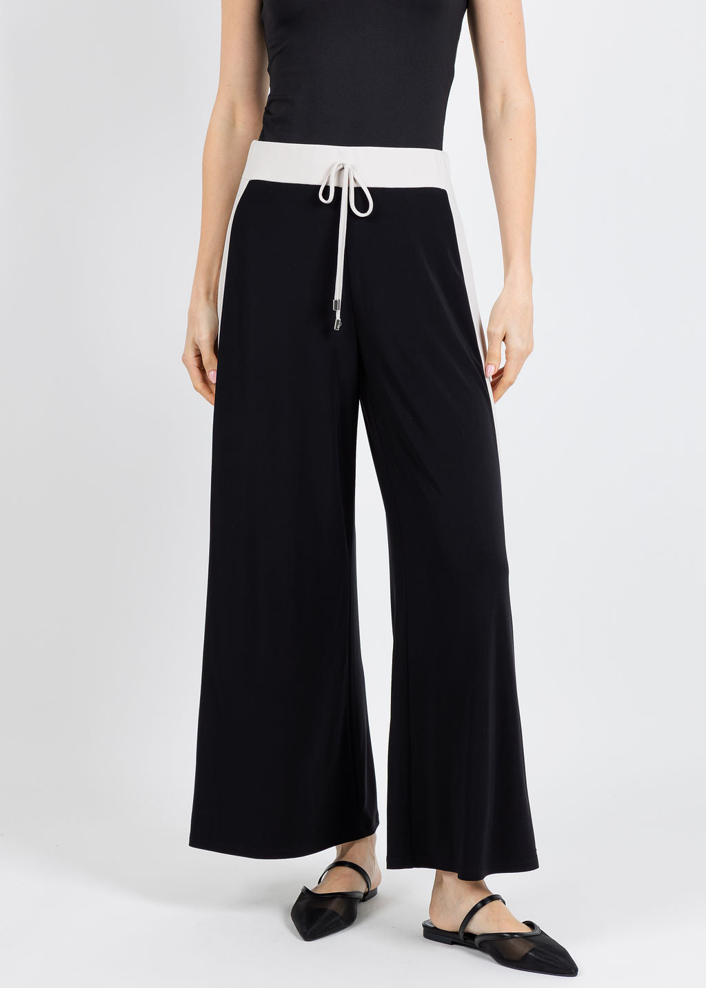 Joseph Ribkoff Silky Knit Color Block Wide Leg Pull-On Pants in Moonstone/Black available at Barbara Katz