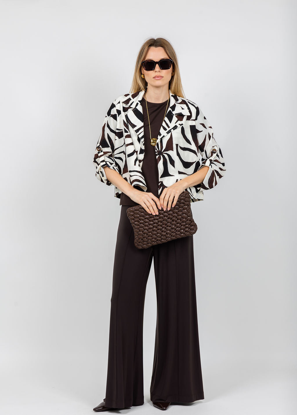 Joseph Ribkoff Gauze Tropical Print Boxy Blazer in Beige/Multi paired with Joseph Ribkoff Silky Knit Pull-On Wide Leg Pants in Mocha available at Barbara Katz