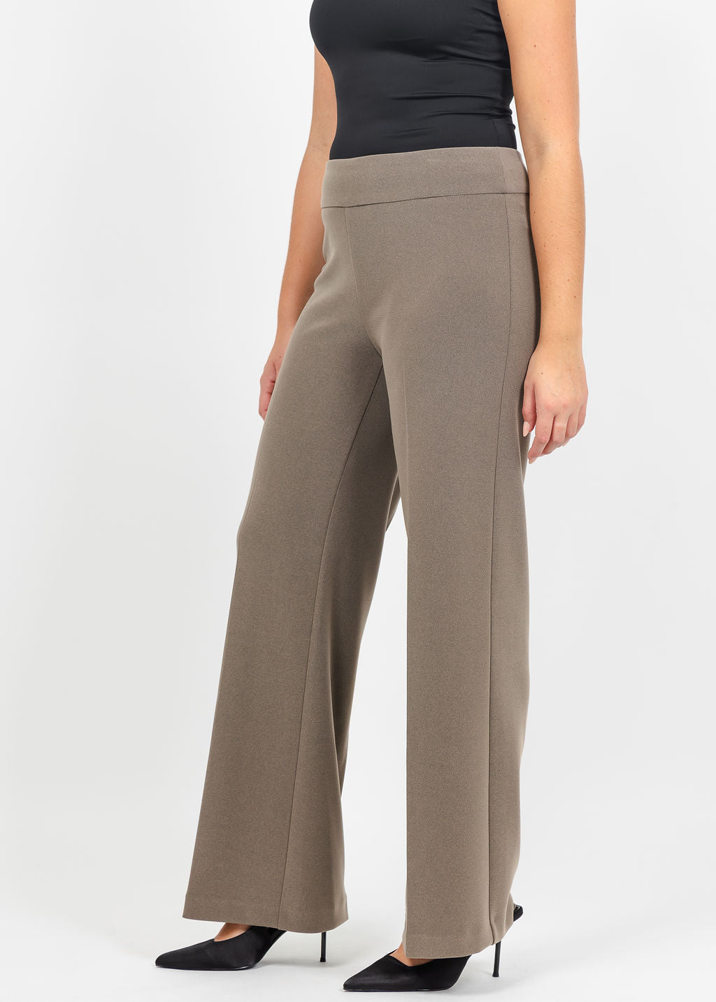 Joseph Ribkoff Silky Knit Wide-Leg Pull-On Pants in Taupe Melange available at Barbara Katz