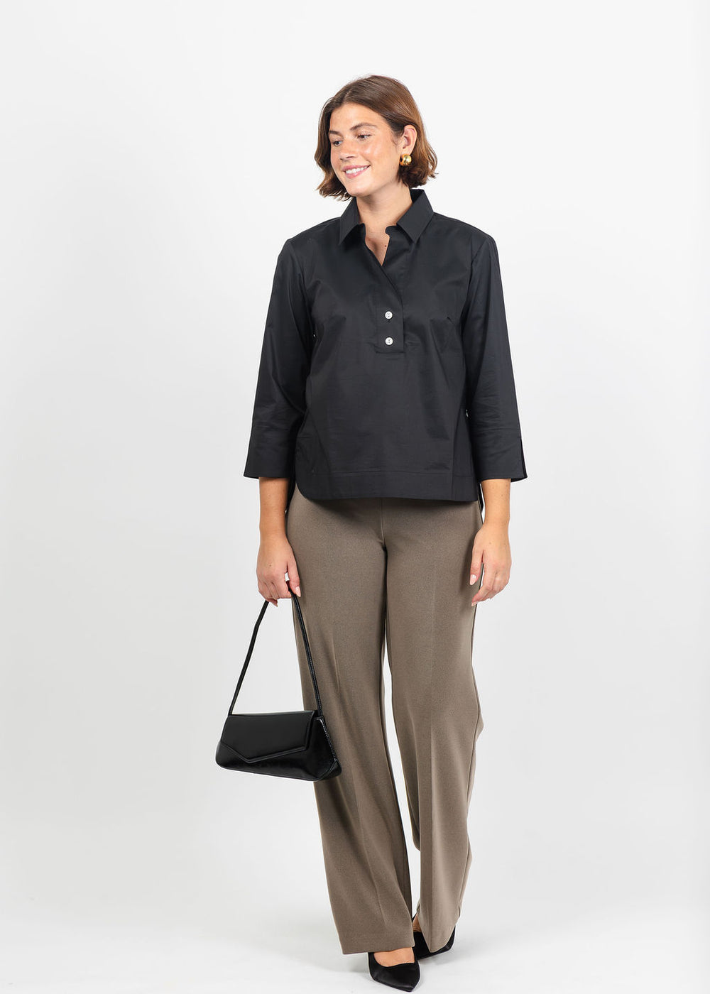 Hinson Wu Aileen 3/4 Sleeve Button Back Top in Black paired with Joseph Ribkoff Silky Knit Wide-Leg Pull-On Pants in Taupe Melange available at Barbara Katz