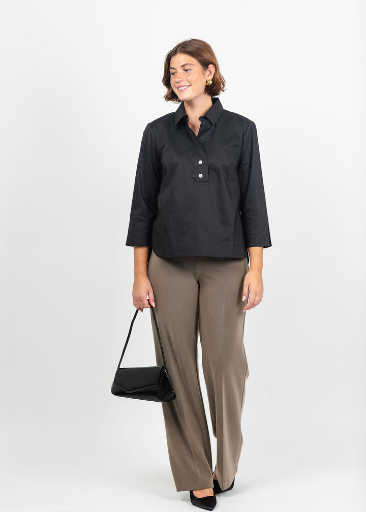 Hinson Wu Aileen 3/4 Sleeve Button Back Top in Black paired with Joseph Ribkoff Silky Knit Wide-Leg Pull-On Pants in Taupe Melange available at Barbara Katz