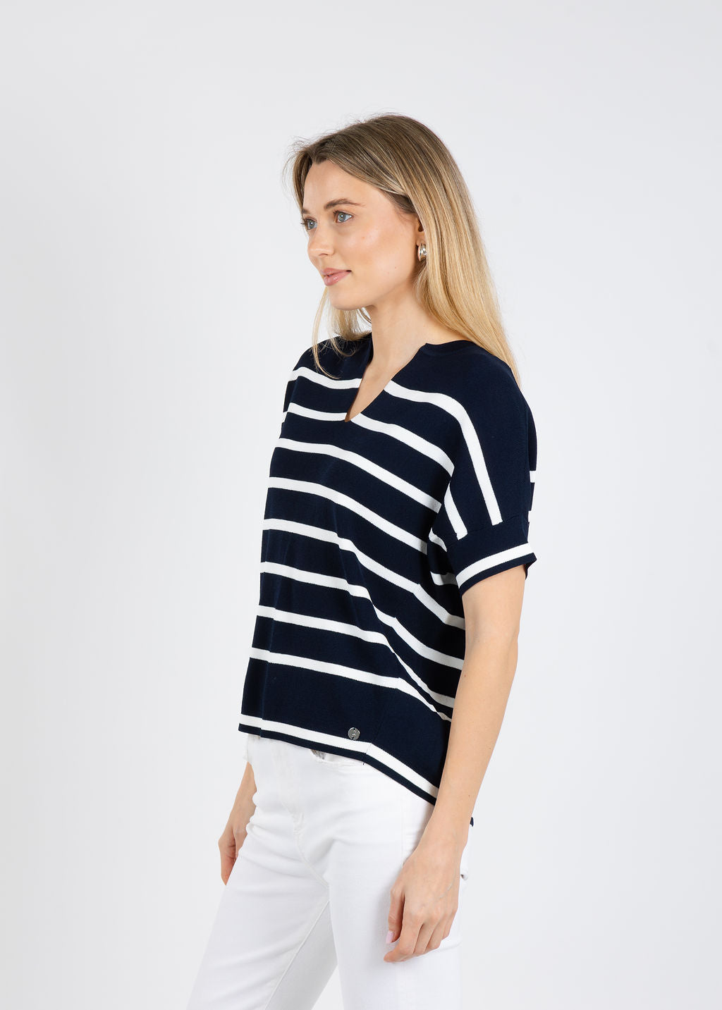 Joseph Ribkoff Stripe Short Sleeve Sweater in Midnight Blue/Vanilla available at Barbara Katz