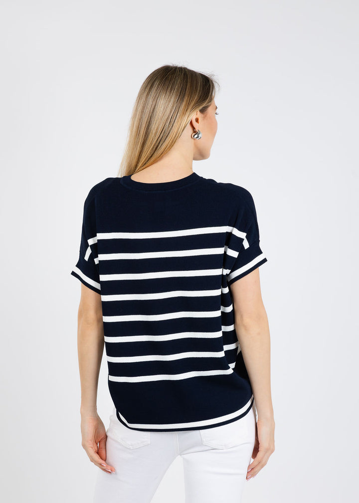 Joseph Ribkoff Stripe Short Sleeve Sweater in Midnight Blue/Vanilla available at Barbara Katz