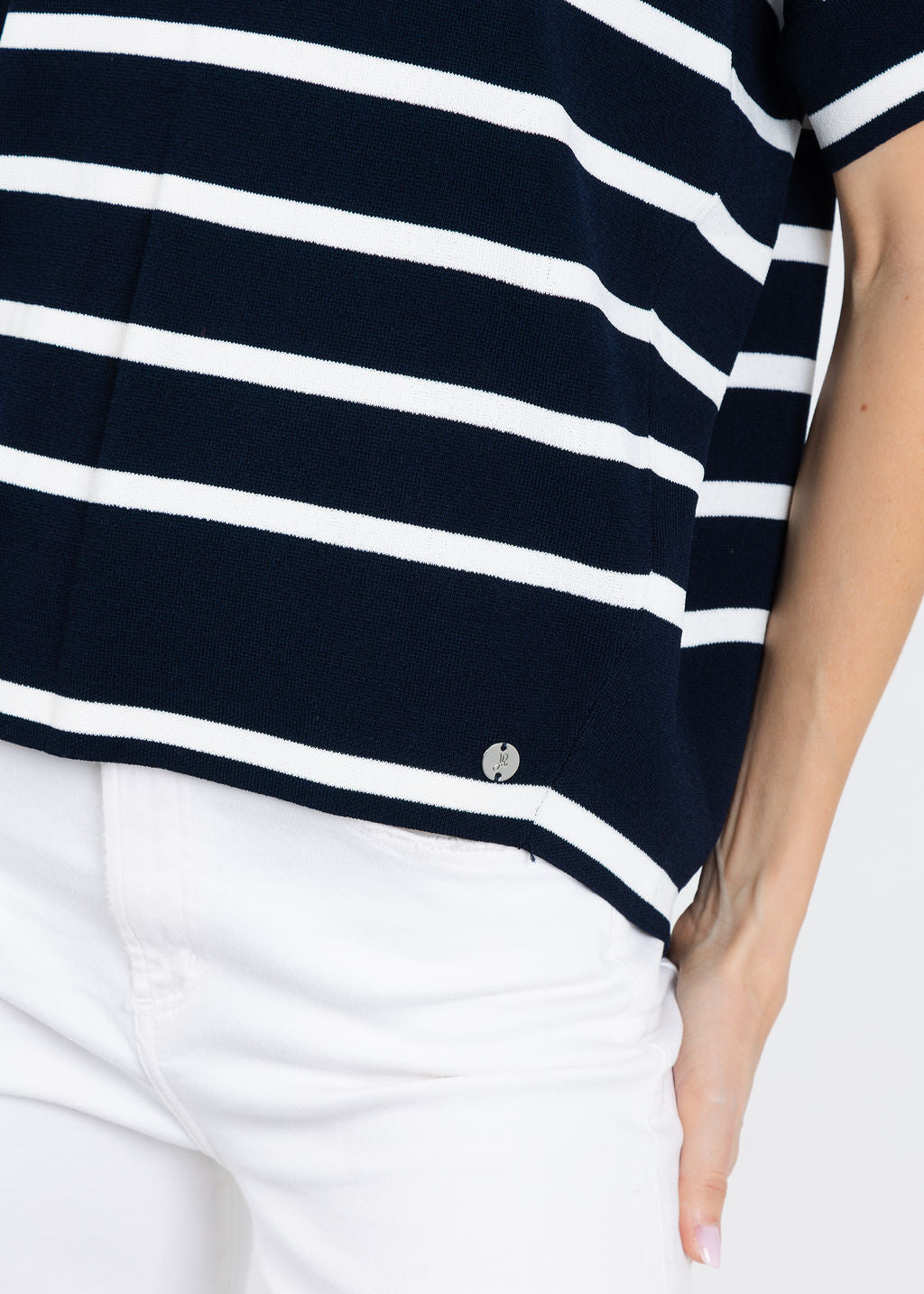 Joseph Ribkoff Stripe Short Sleeve Sweater in Midnight Blue/Vanilla available at Barbara Katz