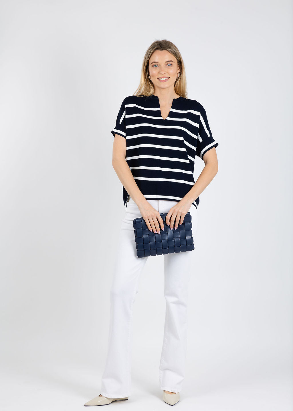 Joseph Ribkoff Stripe Short Sleeve Sweater in Midnight Blue/Vanilla available at Barbara Katz